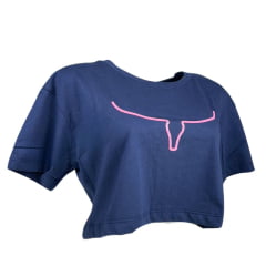 Camiseta Cropped Feminina Os Moiadeiros Manga Curta Azul/Roxo Longhorn Rosa REF CRMF47