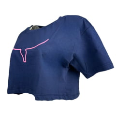 Camiseta Cropped Feminina Os Moiadeiros Manga Curta Azul/Roxo Longhorn Rosa REF CRMF47