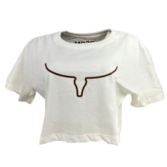 Camiseta Cropped Feminina Os Moiadeiros Manga Curta Branca Longhorn Marrom REF CRMF48