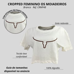 Camiseta Cropped Feminina Os Moiadeiros Manga Curta Branca Longhorn Marrom REF CRMF48