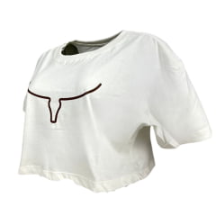 Camiseta Cropped Feminina Os Moiadeiros Manga Curta Branca Longhorn Marrom REF CRMF48