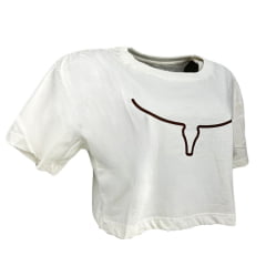 Camiseta Cropped Feminina Os Moiadeiros Manga Curta Branca Longhorn Marrom REF CRMF48