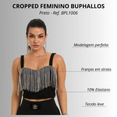 Cropped Feminino Buphallos Jeans Preto Com Franja De Strass R. BPL1006