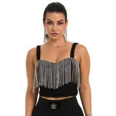 Cropped Feminino Buphallos Jeans Preto Com Franja De Strass R. BPL1006