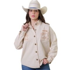 Jaqueta Feminina Texas Farm Oversized Camisão Off White Sarja Bordado Com Botões REF:JSO001