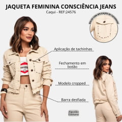Jaqueta Feminina Consciência Jeans Cropped Caqui Tachinhas E Barra Desfiada - REF:24576