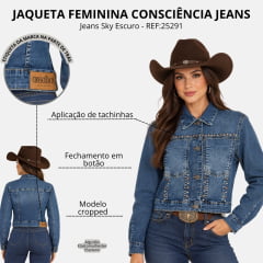 Jaqueta Feminina Consciência Jeans Cropped Sky Escuro Tachinhas E Dois Bolsos Frontais REF:25291