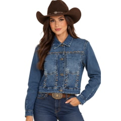 Jaqueta Feminina Consciência Jeans Cropped Sky Escuro Tachinhas E Dois Bolsos Frontais REF:25291