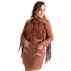 Jaqueta Feminina Country City Bordada Com Franjas Malu Marrom Ref:JM2102