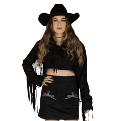 Jaqueta Feminina Country City Bordada Com Franjas Malu Preto Ref:JM2100