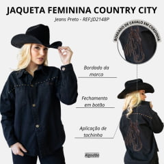 Jaqueta Feminina Country City Dallas Preto Jeans Bordado Tachinha Bordado Cavalo nas Costas REF:JD2148P