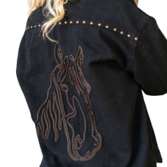 Jaqueta Feminina Country City Dallas Preto Jeans Bordado Tachinha Bordado Cavalo nas Costas REF:JD2148P