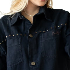 Jaqueta Feminina Country City Dallas Preto Jeans Bordado Tachinha Bordado Cavalo nas Costas REF:JD2148P