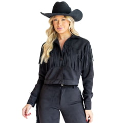Jaqueta Feminina Country City Duda Preto Com Franjas Ref:JFD20522