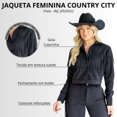 Jaqueta Feminina Country City Duda Preto Com Franjas Ref:JFD20522