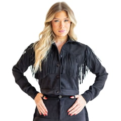Jaqueta Feminina Country City Duda Preto Com Franjas Ref:JFD20522