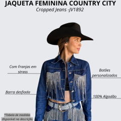 Jaqueta Feminina Country City Jeans Azul Escuro Cropped Com Franja De Strass Valentina Ref.JV1892