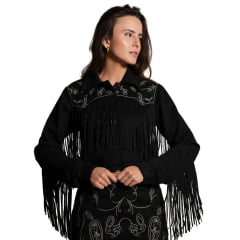 Jaqueta Feminina Country City Jessy Preta Bordada Com Franjas Ref: JB 20821