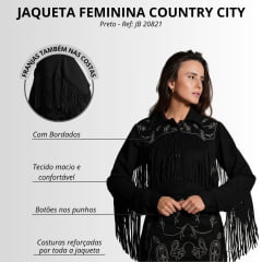 Jaqueta Feminina Country City Jessy Preta Bordada Com Franjas Ref: JB 20821