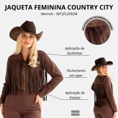Jaqueta Feminina Country City Lary Marrom Zíper E Franjas Frente E Costas Tachinha Dourada REF:JFL2092M