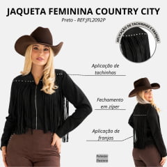 Jaqueta Feminina Country City Lary Preto Zíper Franjas Frente E Costas Tachinhas Prata REF:JFL2092P