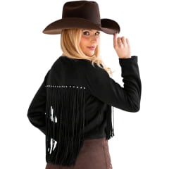 Jaqueta Feminina Country City Lary Preto Zíper Franjas Frente E Costas Tachinhas Prata REF:JFL2092P