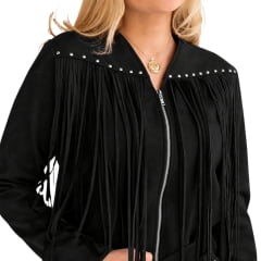 Jaqueta Feminina Country City Lary Preto Zíper Franjas Frente E Costas Tachinhas Prata REF:JFL2092P