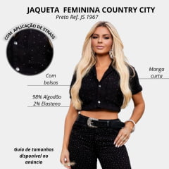 Jaqueta Feminina Country City Preta Manga Curta Cropped Com Strass Ref:SAFIRA JS 1967