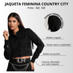 Jaqueta Feminina Country City Preta Paola Cropped Com Franjas REF: 168