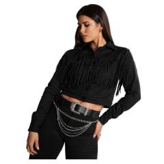 Jaqueta Feminina Country City Preta Paola Cropped Com Franjas REF: 168