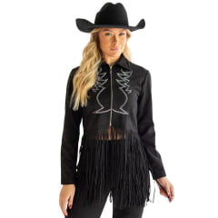 Jaqueta Feminina Country City Virginia Preto Com Franjas Bordado Branco Ref:JQ2109