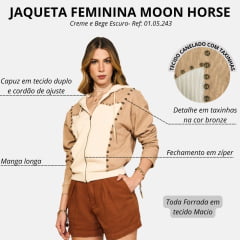 Jaqueta Feminina Moon Horse Alabama Tecido Canelado Com Capuz Creme E Bege Escuro com Tachinhas Ref: 01.05.243