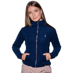 Jaqueta Feminina Santa Fé Tecido Soft Azul Marinho Detalhes Marrom Bordado Dourado Cod. 01
