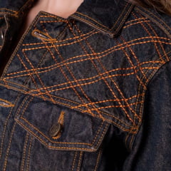Jaqueta Feminina Texas Farm Tartan Jeans Azul Escuro Bordado Dourado Ref: JQF008
