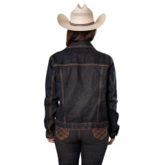 Jaqueta Feminina Texas Farm Tartan Jeans Azul Escuro Bordado Dourado Ref: JQF008