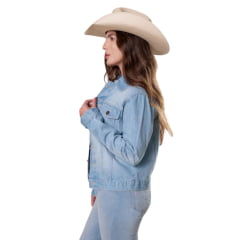 Jaqueta Feminina Texas Farm Western Stich Jeans Claro Estampa Nas Costas Ref: JQF010