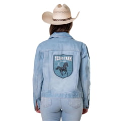 Jaqueta Feminina Texas Farm Western Stich Jeans Claro Estampa Nas Costas Ref: JQF010