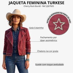 Jaqueta Feminina Turkese Cherry Rock Tecido Grosso Bordô Zíper Tachinhas Prata Ref:JQ07605