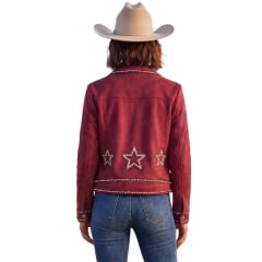 Jaqueta Feminina Turkese Cherry Rock Tecido Grosso Bordô Zíper Tachinhas Prata Ref:JQ07605