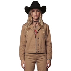 Jaqueta Feminina Turkese Sundance Bege Escuro Bolsos E Bordados Nas Costas Ref:JQ07601
