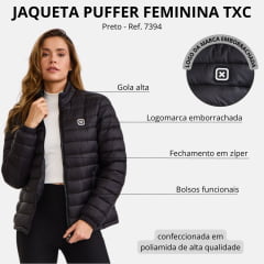 Jaqueta Feminina TXC Puffer Importada Preto Logo Aplicado Branco Saquinho Para Guardar Ref. 7394