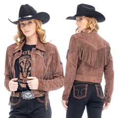 Jaqueta Feminina Zenz Western Horizon De Couro Nobuck Marrom Com Franjas Ref:1438