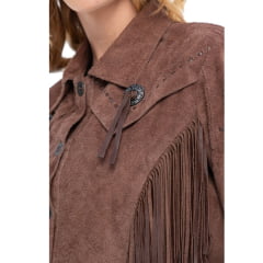 Jaqueta Feminina Zenz Western Horizon De Couro Nobuck Marrom Com Franjas Ref:1438
