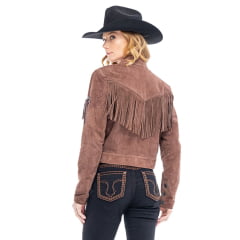 Jaqueta Feminina Zenz Western Horizon De Couro Nobuck Marrom Com Franjas Ref:1438