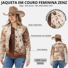 Jaqueta Feminina Zenz Western Mountains Em Couro De Pelo De Boi Mesclado Bege E Marrom Ref: ZW0126005-1641