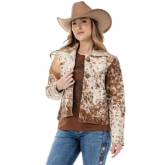 Jaqueta Feminina Zenz Western Mountains Em Couro De Pelo De Boi Mesclado Bege E Marrom Ref: ZW0126005-1641