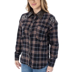 Jaqueta Feminina Zenz Western Trail Flanela Xadrez Marrom Gola De Couro E Brilhos Ref: ZWO126014-1690