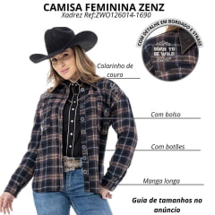 Jaqueta Feminina Zenz Western Trail Flanela Xadrez Marrom Gola De Couro E Brilhos Ref: ZWO126014-1690