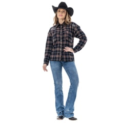 Jaqueta Feminina Zenz Western Trail Flanela Xadrez Marrom Gola De Couro E Brilhos Ref: ZWO126014-1690