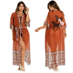 Kimono Feminino Buphallos De Praia Orange Horses Estampado Ref: ACS37